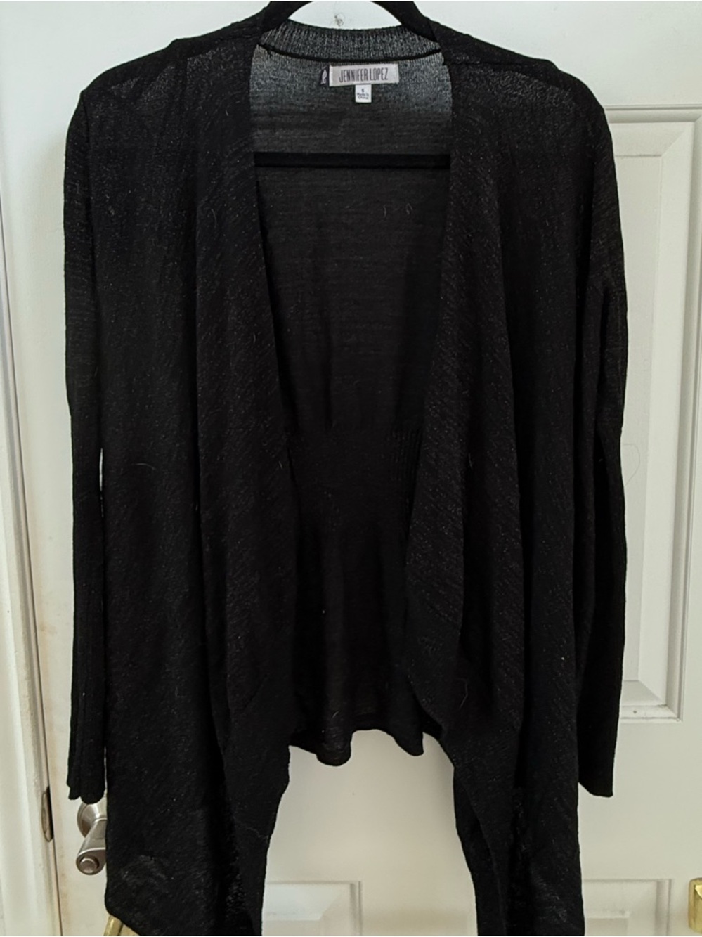 Jennifer Lopez Black Open-Front Draped Cardigan with Metallic Highlights